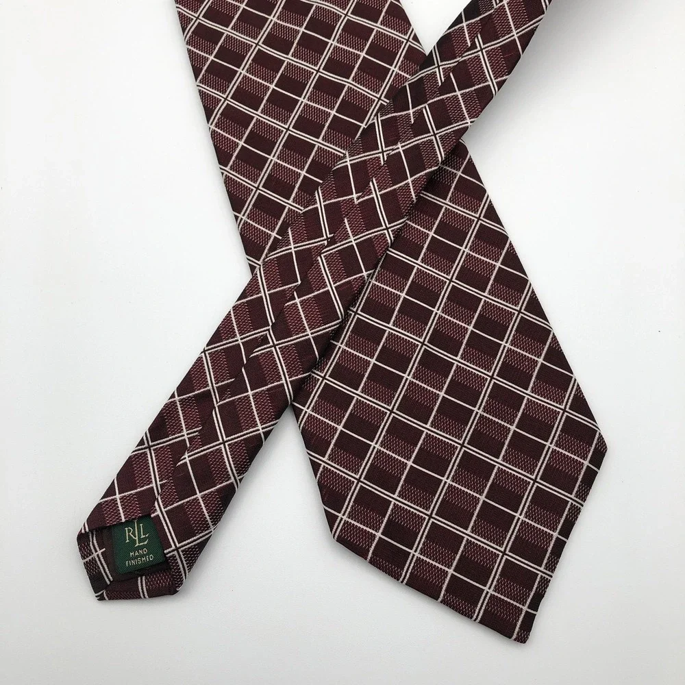 VTG Lauren Ralph Lauren Tie Burgundy Plaid Diamond 100% SILK Made USA Hand Finis